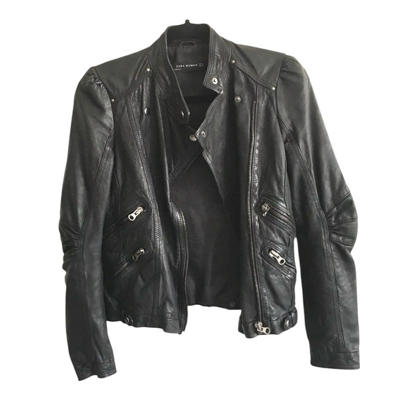 ZARA Leather Asymmetrical Moto Biker Jacket Black XS - Picture 3 of 8